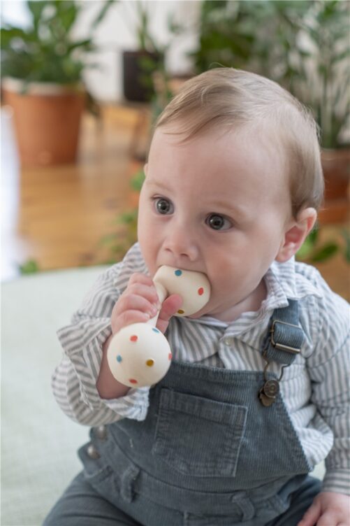 El mordedor Caucho Baby Gym es un mordedor y sonajero suave, flexible, ligero y con una forma que ayuda al agarre.